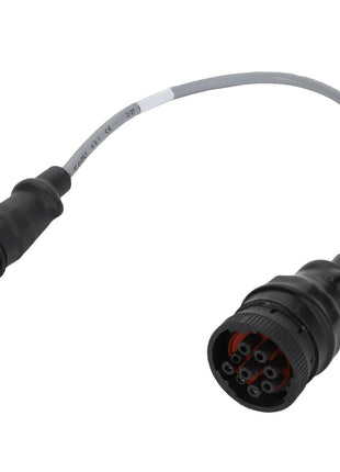 The AGCO | Cable - Fel139944 by AGCO is a black electrical cable featuring connectors on both ends, with a multi-pin male connector on the left and a multi-pin female connector on the right. Current product description not available.