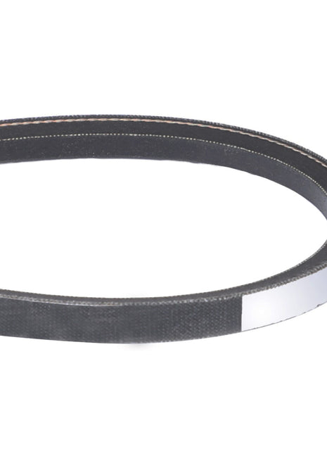 The AGCO | V-Belt - 0.010.2697.1 is a black rubber belt featuring a white marking on its side, engineered for noise reduction and optimal performance.