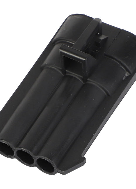 The AGCO CONNECTOR - AG521381, a black, three-port electronic connector with a rectangular clip on top, is positioned starkly against a pristine white background.