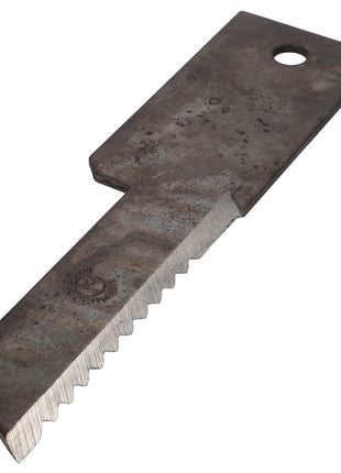 Close-up of the AGCO KNIFE - D49096600, displaying its slightly rusted serrated edges and a hole at one end, highlighting its weathered surface.