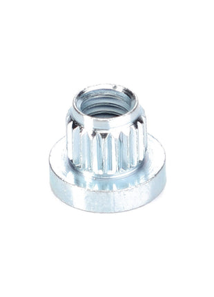 Close-up of the AGCO NUT - D28284942, a precision-engineered metal threaded nut with a flange and a knurled top edge, isolated on a pristine white background.