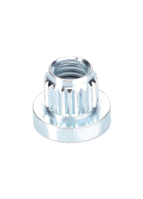 Close-up of the AGCO NUT - D28284942, a precision-engineered metal threaded nut with a flange and a knurled top edge, isolated on a pristine white background.
