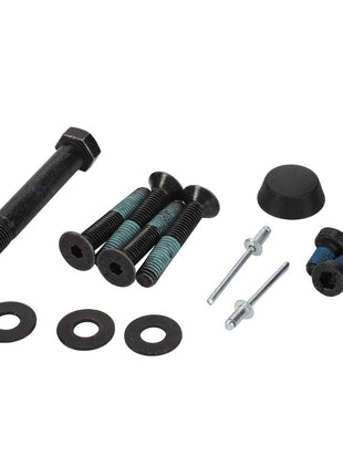 A set of AGCO fastening parts, including various screws, washers, pegs, and black caps (Part Number: F931502030260), arranged on a white background.