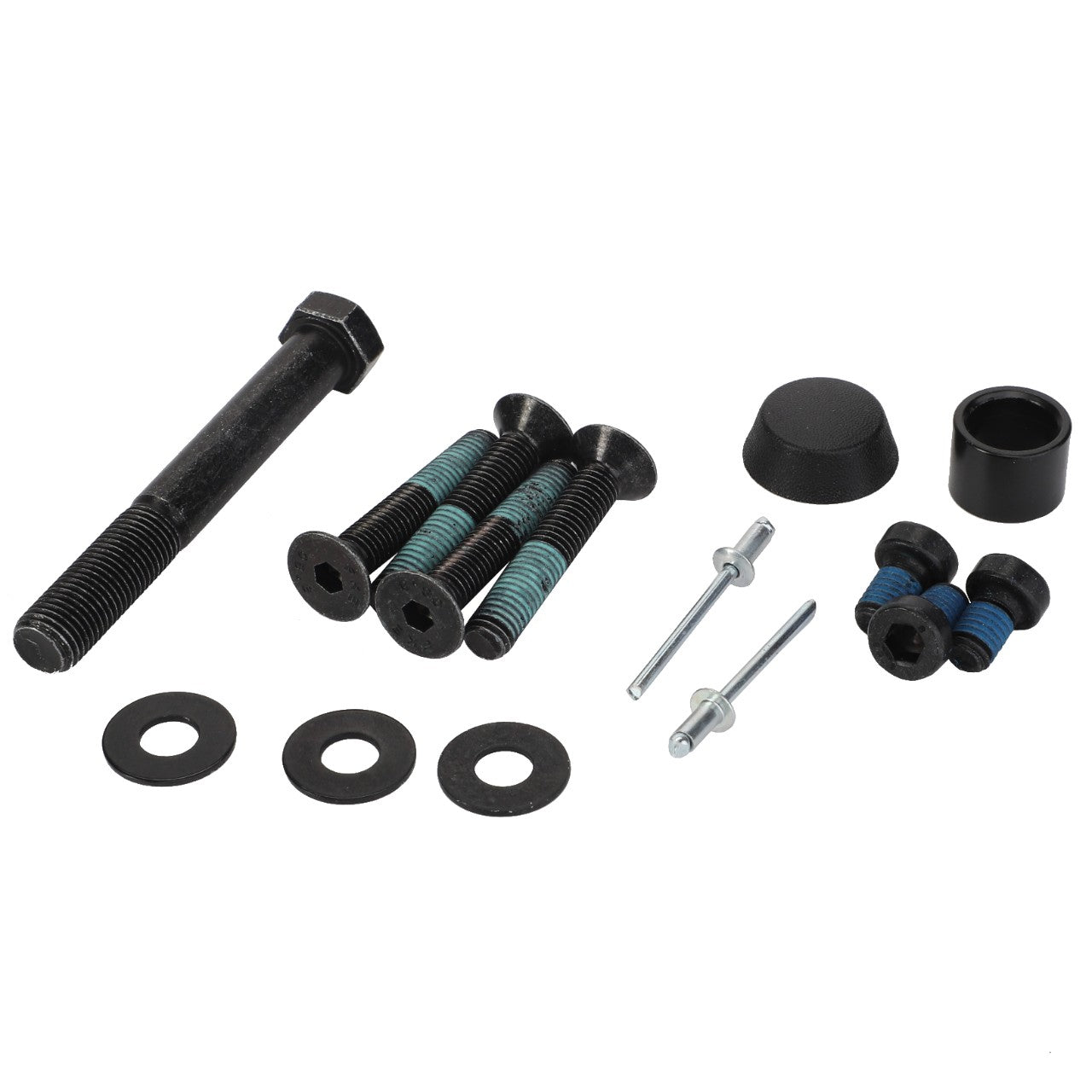 A set of AGCO fastening parts, including various screws, washers, pegs, and black caps (Part Number: F931502030260), arranged on a white background.