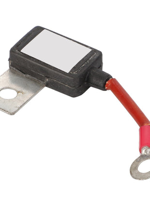 The AGCO | Capacitor - Acp0225350 by AGCO is a small electronic component featuring a metal bracket on one side and a red wire terminating in a circular metal connector on the other.