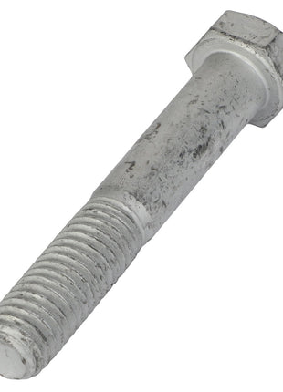 Close-up of the AGCO | HEXAGONAL HEAD BOLT - AG561887 with a threaded shaft and hexagonal head, showing signs of wear and slight corrosion.  