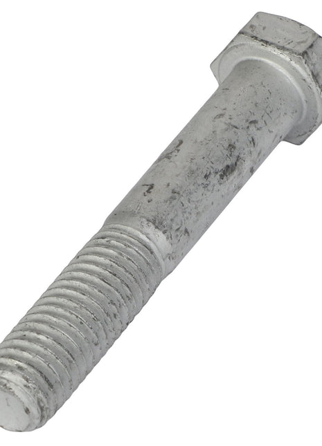 Close-up of the AGCO | HEXAGONAL HEAD BOLT - AG561887 with a threaded shaft and hexagonal head, showing signs of wear and slight corrosion.  