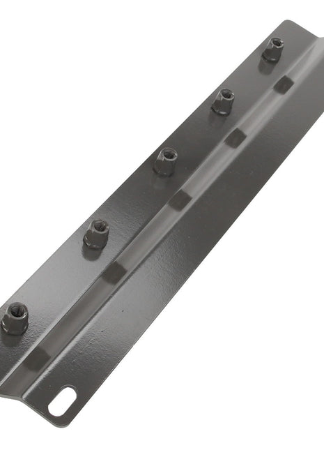 The AGCO Bracket - Acw1395690 is a black metal mounting bracket featuring six attached bolts and two elongated holes at each end.