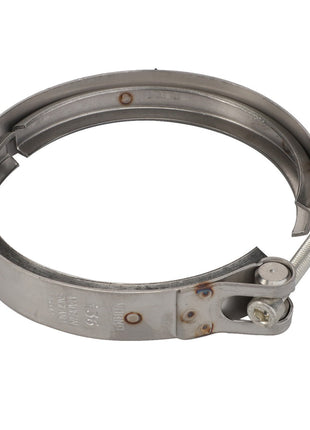 The AGCO | Clamp - Acx3532890 is a stainless steel V-band clamp with a screw fastener, perfect for securing pipes and fittings in both automotive and industrial applications.
