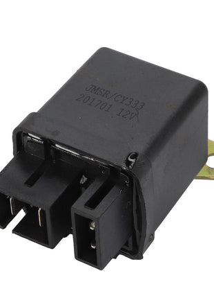 The AGCO | Relay, Starter, 12 V - ACY1581160 is a black, rectangular electronic component with multiple prongs and a metal mounting tab that ensures operating safety as part of AGCO Parts Genuine Electrics.