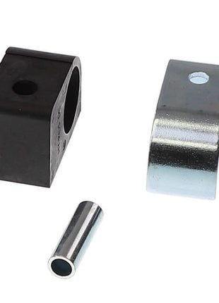 The AGCO Tube Clamp (Acx0133780) set, featuring a black rubber block with a hole, a metal bracket with a hole, and a metal cylinder sleeve, is meticulously arranged on a pristine white background.