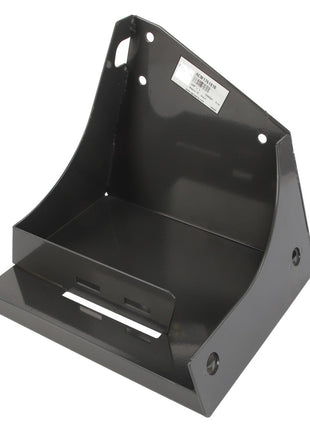 The AGCO Bracket - Acw1761810 is a black metal bracket with a slanted back and a flat base, featuring several holes and slots for mounting purposes. A small label with the brand name "AGCO" is attached to the upper section, but no current product description information is available.