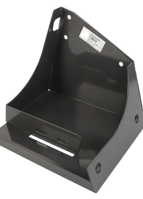 The AGCO Bracket - Acw1761810 is a black metal bracket with a slanted back and a flat base, featuring several holes and slots for mounting purposes. A small label with the brand name "AGCO" is attached to the upper section, but no current product description information is available.