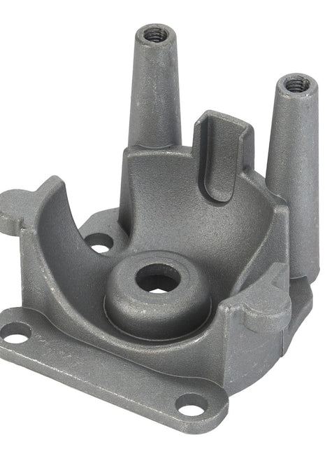 The AGCO | Bracket - Acw053037A by AGCO is a gray metal mechanical part featuring a cylindrical center, two vertical columns at the back, and two mounting holes at the base.