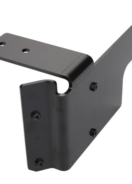 Introducing the AGCO | Cowl - Acw011957A, a black metal bracket featuring multiple holes and screws, designed specifically for mounting purposes. Brought to you by AGCO, this product ensures sturdy and reliable installation.