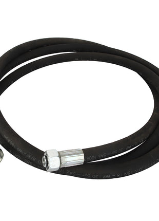 The AGCO | HOSE - D49070081 is a coiled black hydraulic hose equipped with metal fittings on both ends, featuring a bent fitting on one end. Currently, no additional product description information is available.