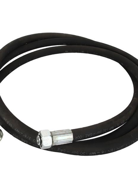 The AGCO | HOSE - D49070081 is a coiled black hydraulic hose equipped with metal fittings on both ends, featuring a bent fitting on one end. Currently, no additional product description information is available.