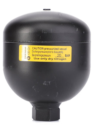 A black pressurized vessel marked with a yellow warning label for dry nitrogen use, featuring a 20 bar pressure rating, commonly used in energy storage applications - AGCO | Diaphragm Accumulator, 0.50 L - AL5045140.