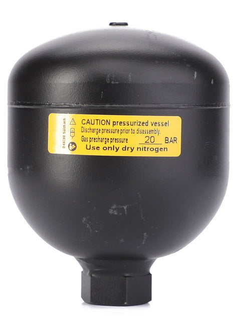 A black pressurized vessel marked with a yellow warning label for dry nitrogen use, featuring a 20 bar pressure rating, commonly used in energy storage applications - AGCO | Diaphragm Accumulator, 0.50 L - AL5045140.