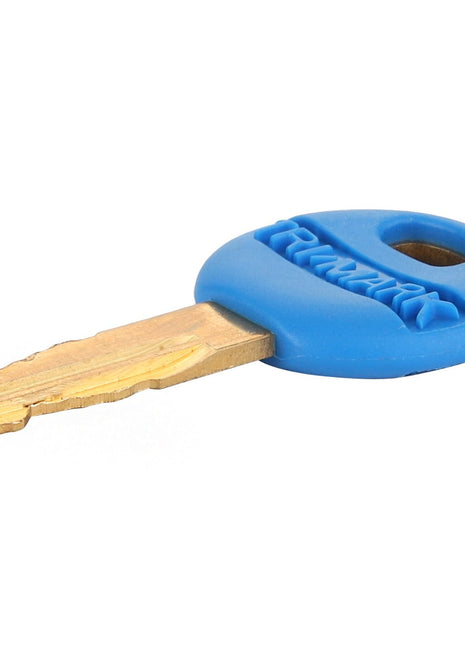 The AGCO Lock Key - Acw0461630, branded by AGCO, is a brass key with a blue plastic cover on the head and features a hole for attaching to a keyring.