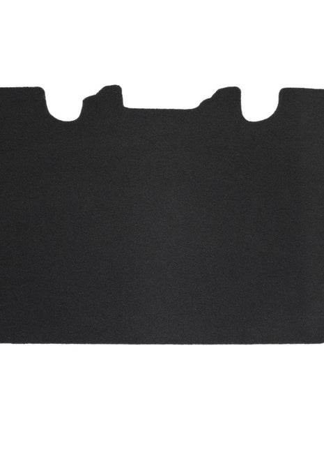 Currently, there is no description available for the AGCO Floor Mat - Acp0610170, a sleek, black rectangular vehicle carpet mat designed with cutouts for seat bases and featuring a small label on one edge.