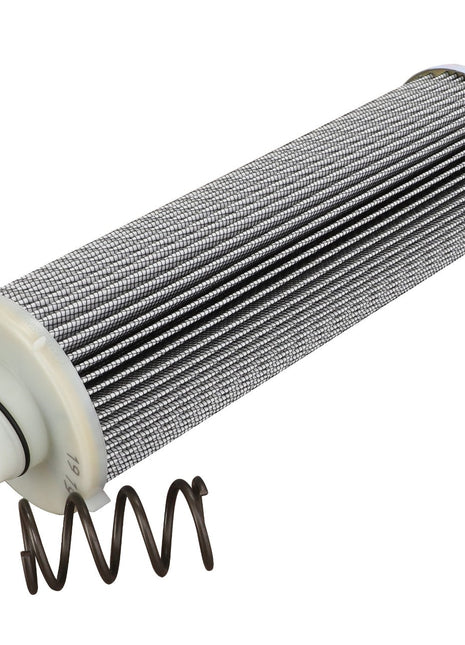 AGCO's Hydraulic Filter Cartridge - Acw0741900 is a genuine cylindrical metal filter element featuring an attached spring and a white plastic cap on one end, designed for optimal performance in hydraulic components.