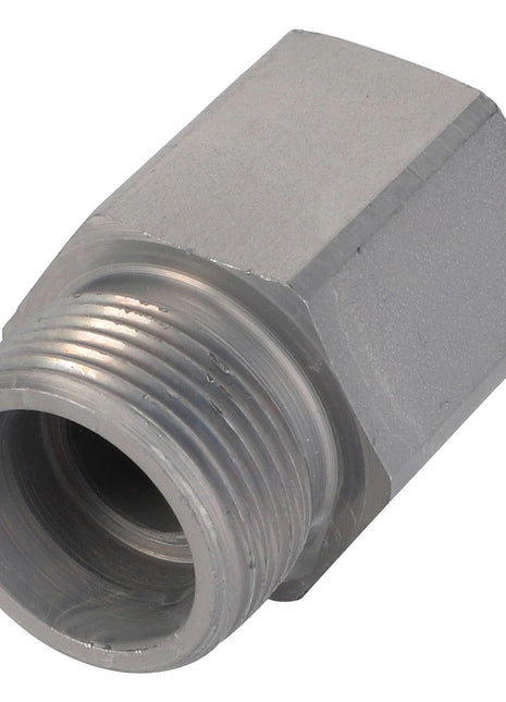 The AGCO Adapter - Acp0363770 is a metal hex adapter designed for connecting pipes or tubes, featuring a threaded male fitting on one end and a differently sized female socket on the other. Please note: *No Current Product Description Available*.