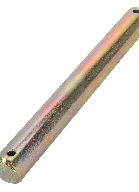 An AGCO | CLEVIS PIN - D28282039, a cylindrical metal rod with a gradient finish, features a slightly rounded end and small holes near the endpoints.