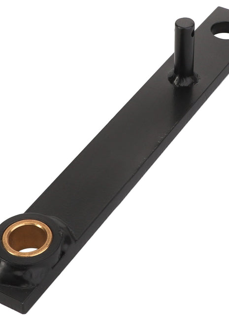 The AGCO | ARM - D28273882, a black metal bracket by AGCO, features a cylindrical pin on one end and a circular hole on the other. No current product description information is available.