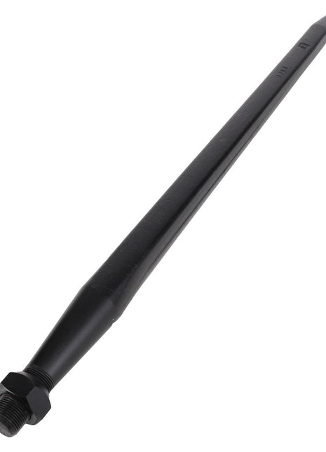 Image of an AGCO Bale Handling Implement Tine - Acp0293630, featuring a black metal chisel attachment with a threaded end, suitable for industrial or construction equipment. This elongated, pointed-tip chisel boasts exceptional wear resistance, making it ideal for heavy-duty tasks.