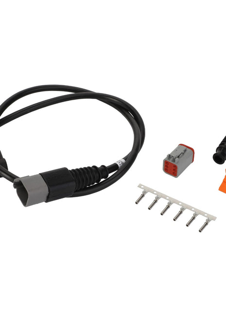 Displayed on a pristine white background is the AGCO | Jumper Harness - Acx3495120, featuring a black cable with connectors, a gray and red adapter, a black L-shaped connector, an orange clip, and a strip of six metal pins.