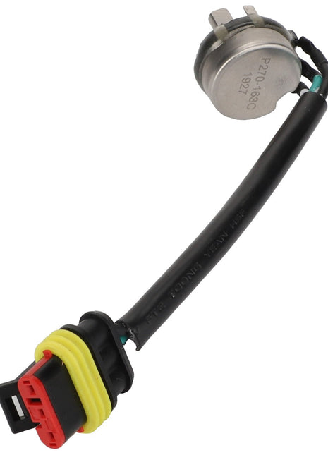 The AGCO Potentiometer - Acp0333030 features a black cable and a red and yellow connector. The metal sensor end is cylindrical and engraved with text, although no additional product information is currently available.