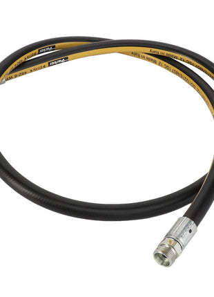 Product Description: The AGCO | HYDR. HOSE - D45130015 by AGCO is a flexible black and yellow hose with metal connectors on both ends, coiled in a loop.
