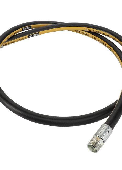 Product Description: The AGCO | HYDR. HOSE - D45130015 by AGCO is a flexible black and yellow hose with metal connectors on both ends, coiled in a loop.