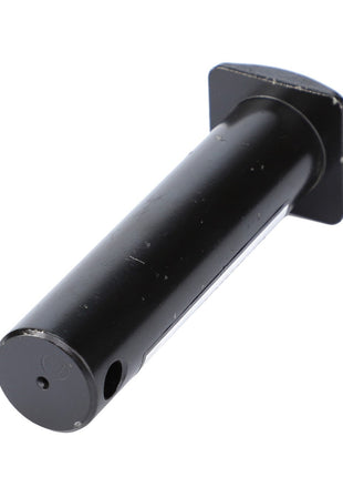 The AGCO Clevis Bolt, Top Link - F712870051140 is a cylindrical black metal pin featuring a rectangular base and a small circular hole near one end, making it ideal for use in hitch and linkage systems.