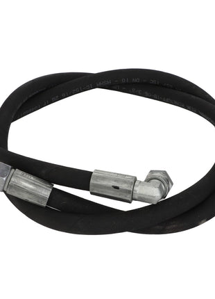 The AGCO | HYDR. HOSE - AL1103162 is a coiled, black hydraulic hose measuring 1500 mm in length and 3/8" in diameter, featuring metal fittings on both ends.