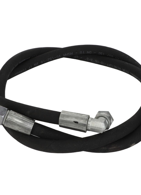 The AGCO | HYDR. HOSE - AL1103162 is a coiled, black hydraulic hose measuring 1500 mm in length and 3/8" in diameter, featuring metal fittings on both ends.