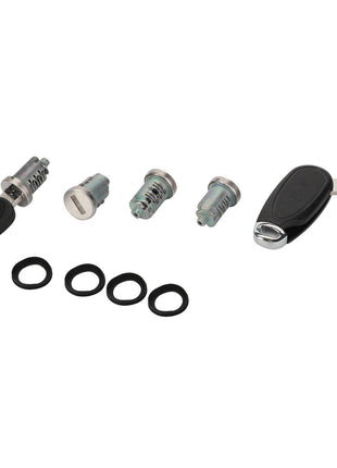 A set of lock cylinders, keys, and rubber O-rings from the AGCO brand is arranged on a white background. This is the AGCO Key, Security Lock for Hood/Door/Ignition - Acw1987250. No current product description information is available.