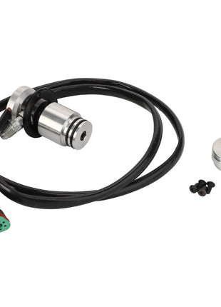 The AGCO Sensor Kit Cooling Fan (Acp0658220) is displayed neatly on a white background, featuring a cylindrical sensor with an attached cable and connector, a metal ring, and small black screws.