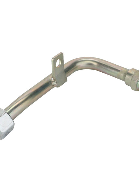The AGCO | Hose - Acp0668550, branded by AGCO, is a curved metal pipe with a hexagonal fitting on one end and a threaded fitting on the other, featuring an attached mounting bracket at its midpoint.