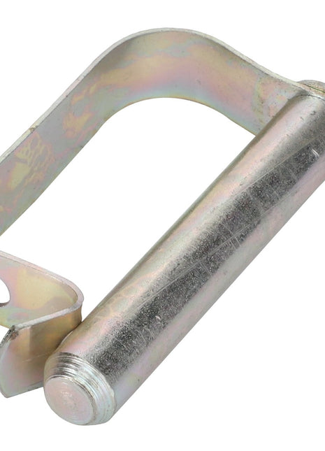 The AGCO Spring Stud - Fel106857 is a silver metal latch pin featuring a cylindrical body and a flat, perforated bracket on one end. No additional product description is currently available.