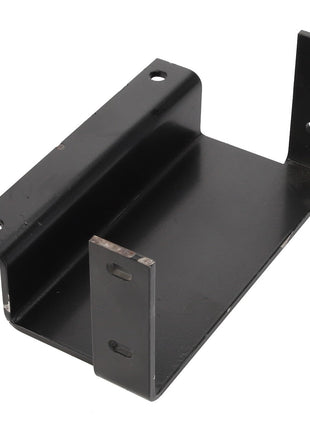 The AGCO | BRACKET - D28185173 is a black metal bracket with a flat base and perpendicular side flanges, featuring pre-drilled holes for mounting. No current product description information is available.