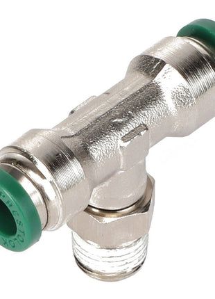 The AGCO T-piece (Model AG725624) is a metal T-shaped pipe fitting featuring green plastic caps on the two opposing ends and a threaded bottom end. Currently, no additional product description information is available.