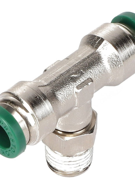 The AGCO T-piece (Model AG725624) is a metal T-shaped pipe fitting featuring green plastic caps on the two opposing ends and a threaded bottom end. Currently, no additional product description information is available.