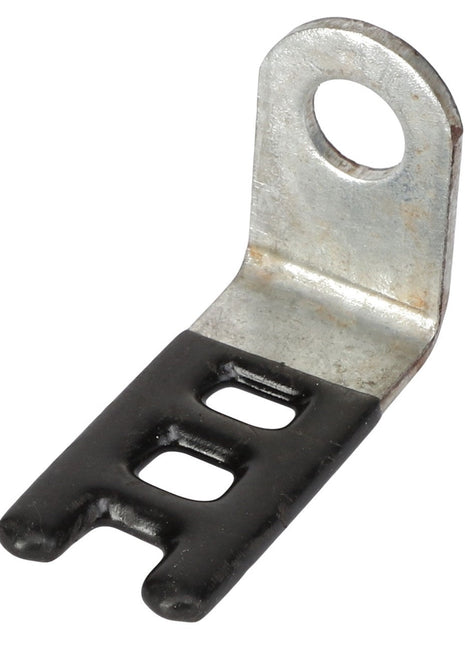 A metal bracket known as the AGCO LADDER CLIP - CH132-5789, featuring a hole at the top for fastening and two rectangular cutouts in the lower section, is partially coated in black material. No relevant keywords can be extracted from the provided description.