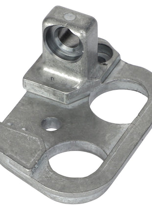 The AGCO | PIVOT PLATE - ACP0525800 is a metal mounting bracket featuring two circular holes and a protruding threaded section for attachment. For ordering questions, please contact our support team.