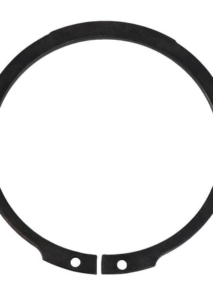 Close-up image of an AGCO | RING - AL5016624, a black metal snap ring with two holes at the open ends, used to secure components on a shaft or in a bore. Brand: AGCO.