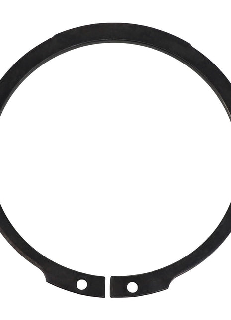 Close-up image of an AGCO | RING - AL5016624, a black metal snap ring with two holes at the open ends, used to secure components on a shaft or in a bore. Brand: AGCO.