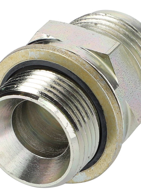 Close-up of the AGCO ADAPTER - AL5028086, a metal conduit connector for electrical wiring featuring threaded ends and a locking nut. Product description information is currently unavailable.