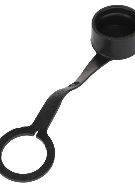 Introducing the AGCO | DUST CAP - CH223-9254, a black rubber dust cover with a flexible strap and circular ends, designed to protect threaded connectors or similar components. This reliable product from AGCO ensures your equipment stays in optimal condition.